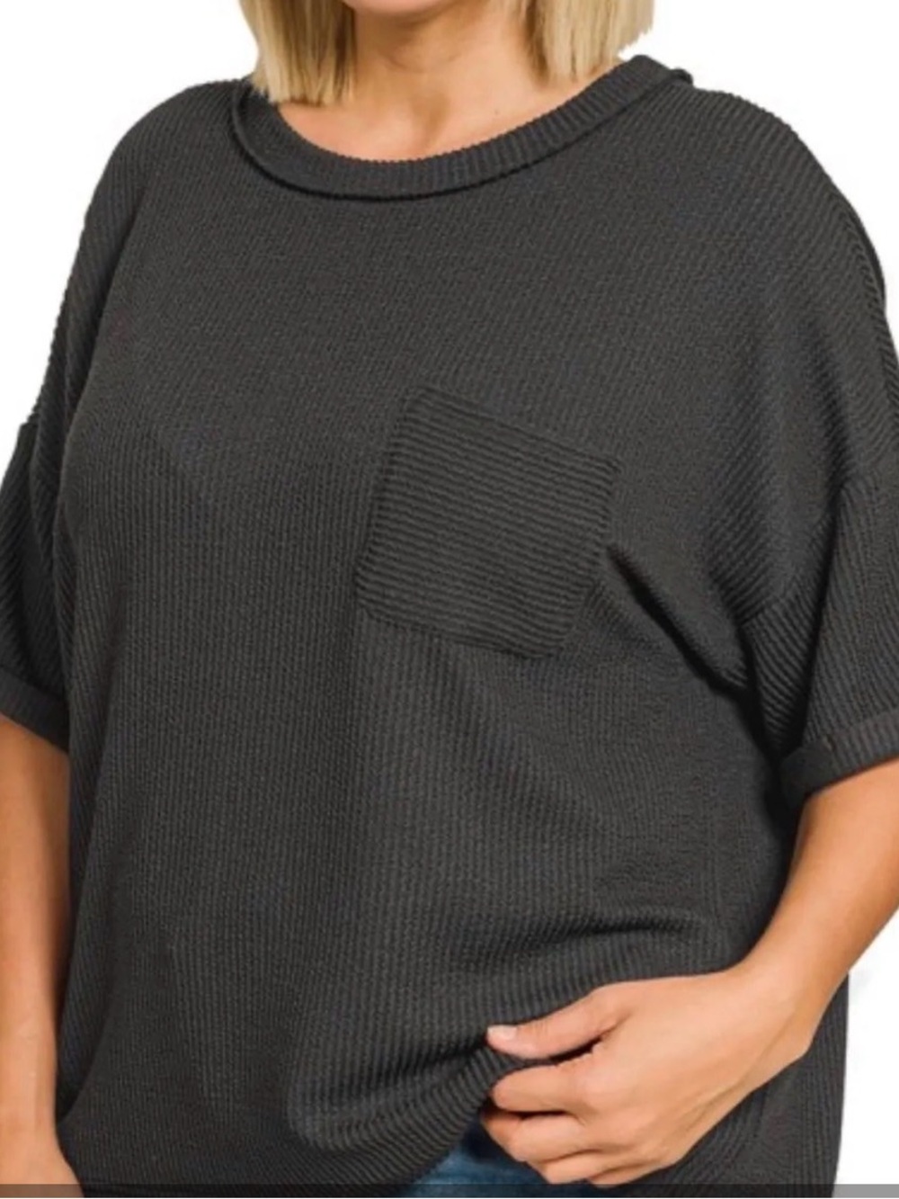 Zenana Outfitters Black Waffle Knit Short Sleeve Pocket Top